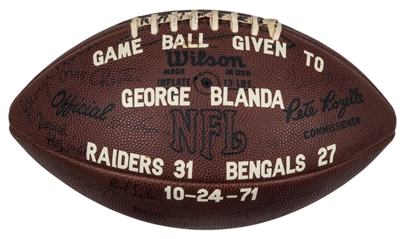 1971 Oakland Raiders Game Used & Team Signed Wilson Football Presented To George Blanda with 20+ Signatures (Blanda Family LOA & JSA) 